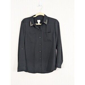 Chico's Black Sheer Button Down Blouse w/Beads  Long Sleeves Size 0